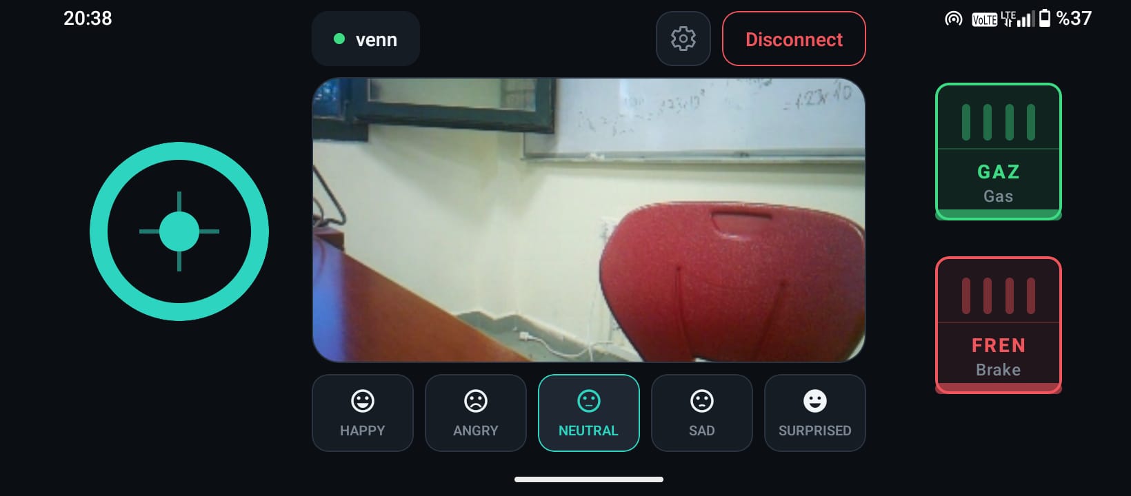 Venn operator application: live video feed, joystick, throttle and emotion panel